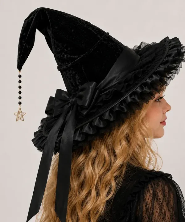 Chapeau de sorcière noir en velours avec nœud satiné et étoile dorée