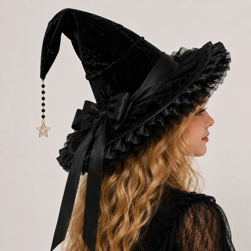 Chapeau de sorcière noir en velours avec nœud satiné et étoile dorée