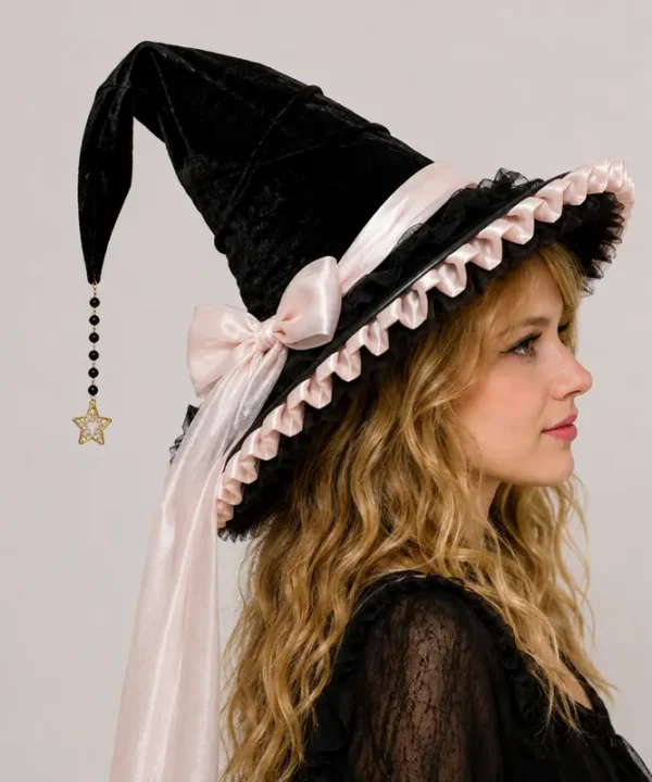 Chapeau de sorcière rose clair et noir avec nœud satiné et étoile dorée