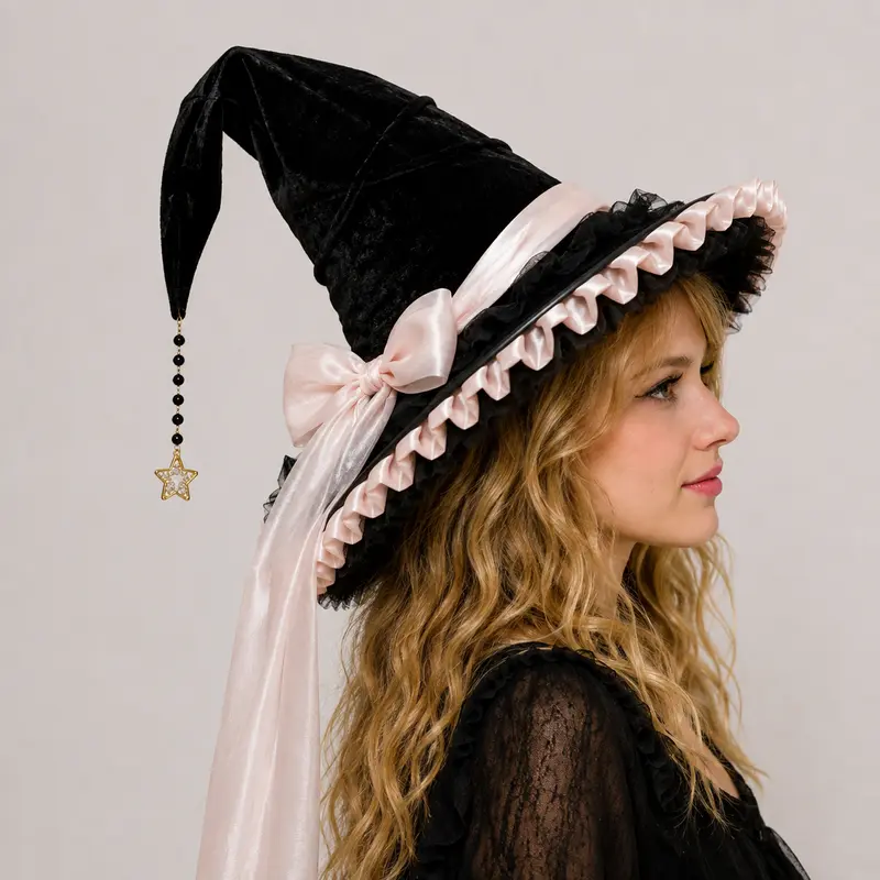 Chapeau de sorcière rose clair et noir avec nœud satiné et étoile dorée