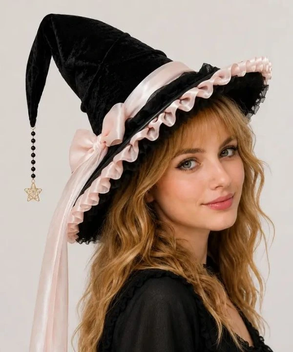 Chapeau de sorcière rose clair velours noir, nœud satiné, étoile dorée, style romantique fantasy.