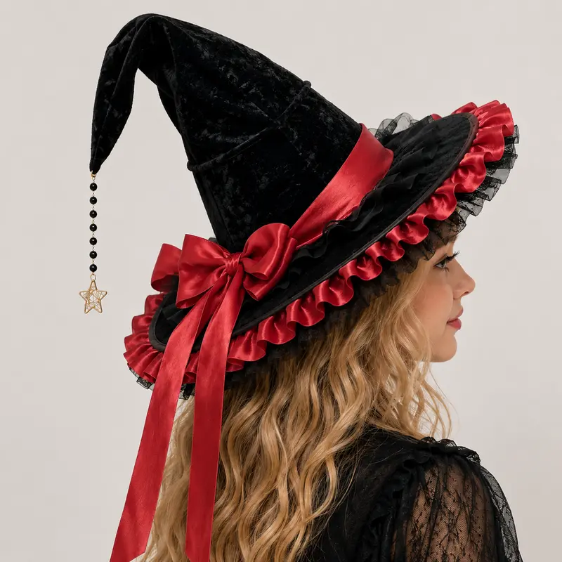 Chapeau de sorcière noir en velours avec bord rouge satiné et étoile dorée