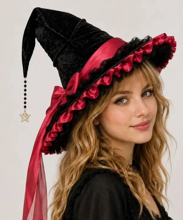Chapeau de sorcière noir velours, bord large satin rouge, dentelle et étoile dorée en filigrane.