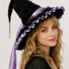 Chapeau de sorcière Étoile Mystique Violet, noir velouté, satin, dentelle et étoile dorée.