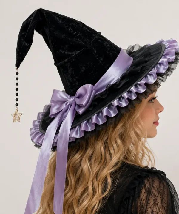 Chapeau de sorcière Étoile Mystique violet et noir avec pendentif étoile dorée