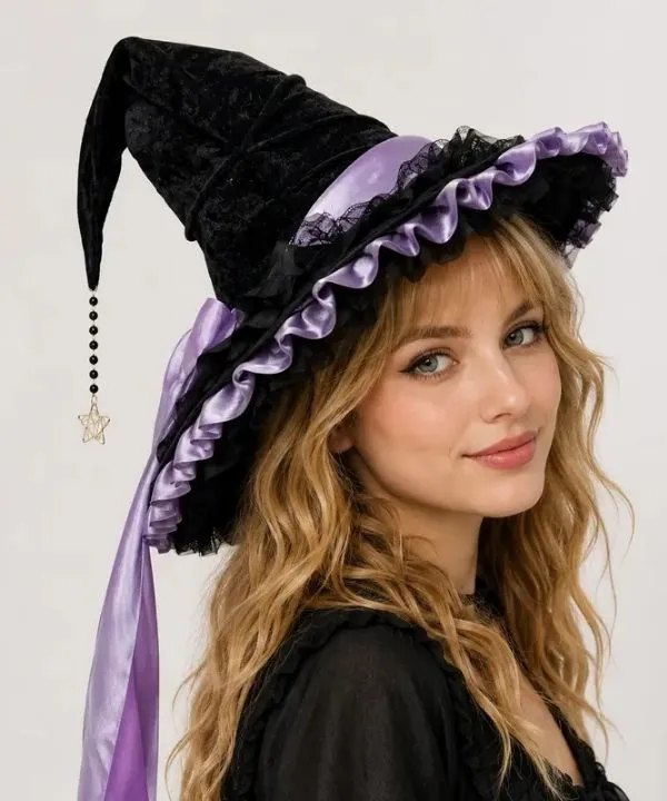 Chapeau de sorcière Étoile Mystique Violet, noir velouté, satin, dentelle et étoile dorée.