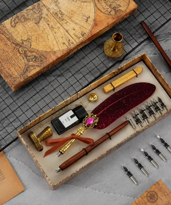 Coffret calligraphie avec plume d’oie et sceau en cire