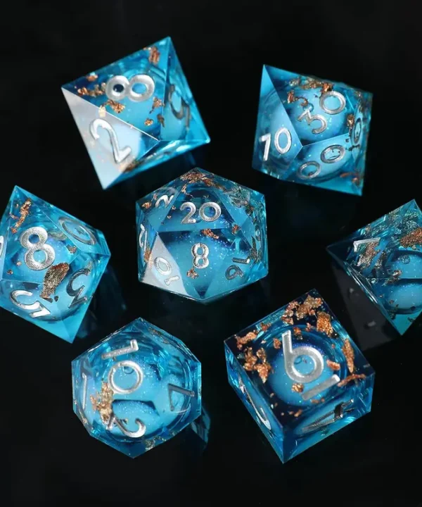 Dés JDR bleu Dragon Azur en résine translucide