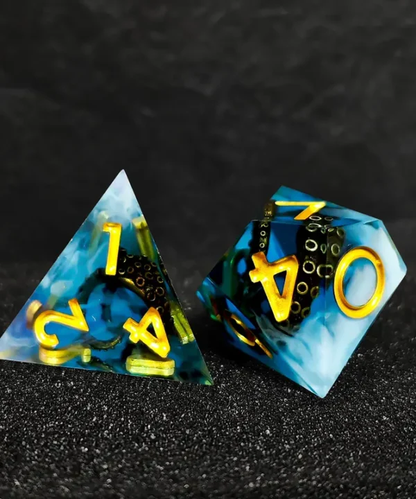 Dés JDR Kraken bleus en résine avec tentacule noir