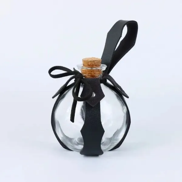 Fiole à potion magique Nocturna en verre, harnais cuir noir et liège pour GN