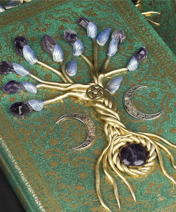 Grimoire Arbre de Vie vert avec pierres améthystes