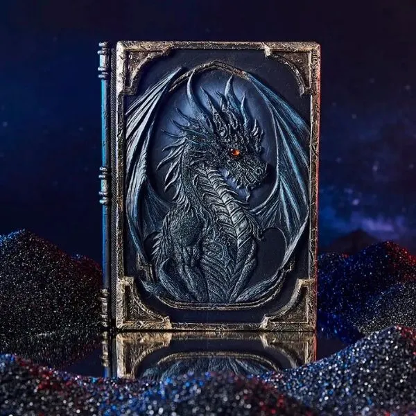 Grimoire Dragon Légendaire, couverture résine sculptée 3D, œil rouge, peint à la main.
